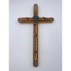 Rustic Wood Cross w/ Turquoise Accent Barbed Wire Detail Hanging Wall Decor 12"